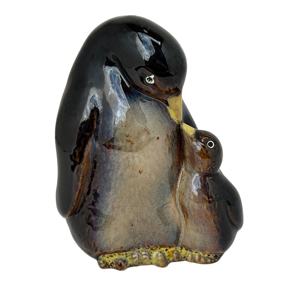 Penguin Figurine Ceramic Parent Chick Drip Glaze Blue Brown MCM Style Vintage